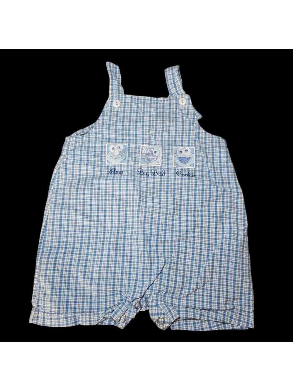 VTG Sesame Street Blue Short Bibs Overalls Size 3/6‎ Months Embroidered Elmo